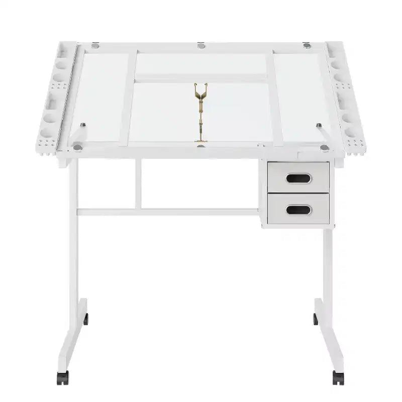 Table à Dessin Réglable en Métal Moderne avec Verre Trempé, 2 Tiroirs en Tissu et 4 Roues