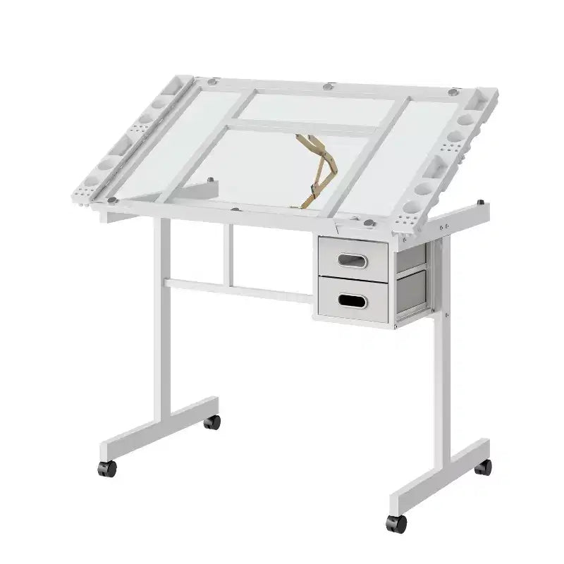 Table à Dessin Réglable en Métal Moderne avec Verre Trempé, 2 Tiroirs en Tissu et 4 Roues