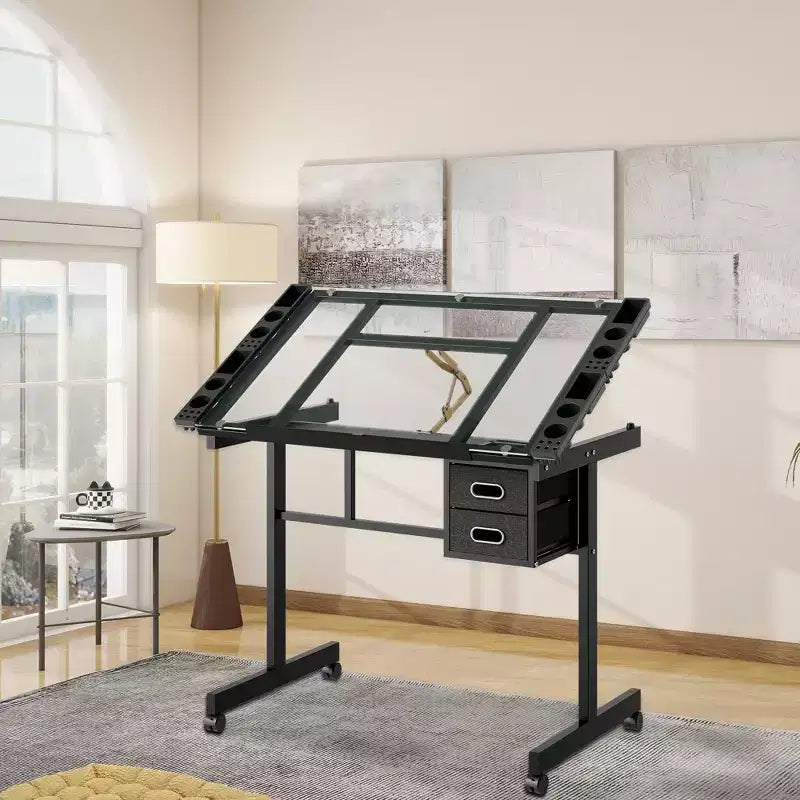 Table à Dessin Réglable en Métal Moderne avec Verre Trempé, 2 Tiroirs en Tissu et 4 Roues