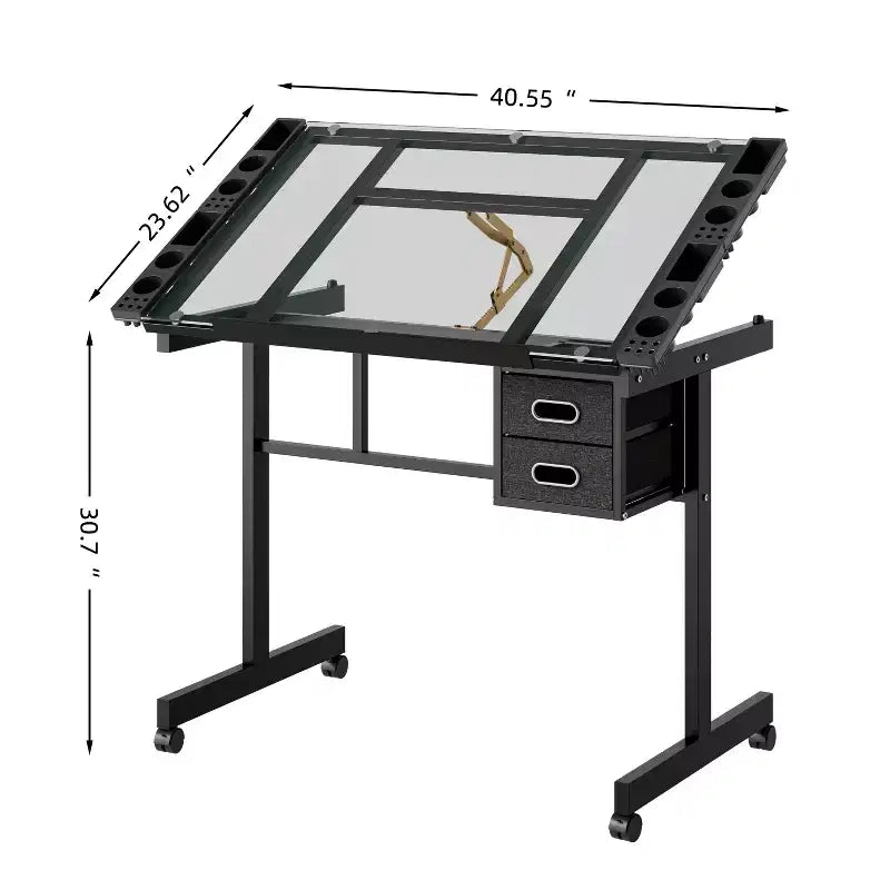 Table à Dessin Réglable en Métal Moderne avec Verre Trempé, 2 Tiroirs en Tissu et 4 Roues