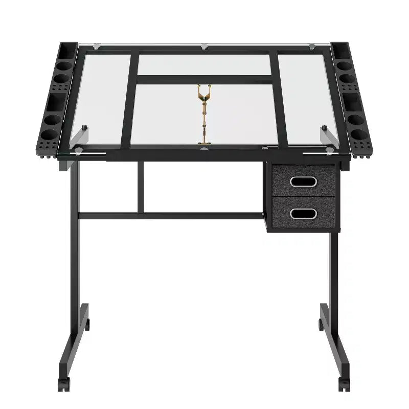Table à Dessin Réglable en Métal Moderne avec Verre Trempé, 2 Tiroirs en Tissu et 4 Roues