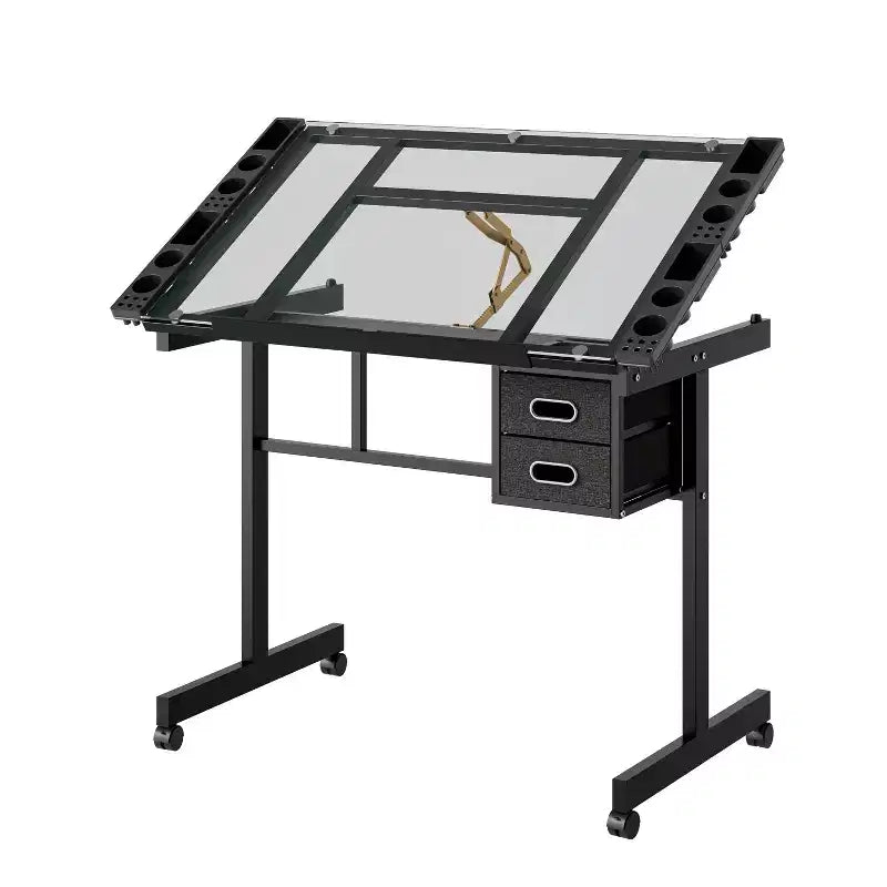 Table à Dessin Réglable en Métal Moderne avec Verre Trempé, 2 Tiroirs en Tissu et 4 Roues