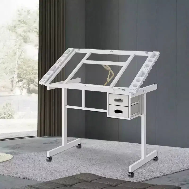 Table à Dessin Réglable en Métal Moderne avec Verre Trempé, 2 Tiroirs en Tissu et 4 Roues