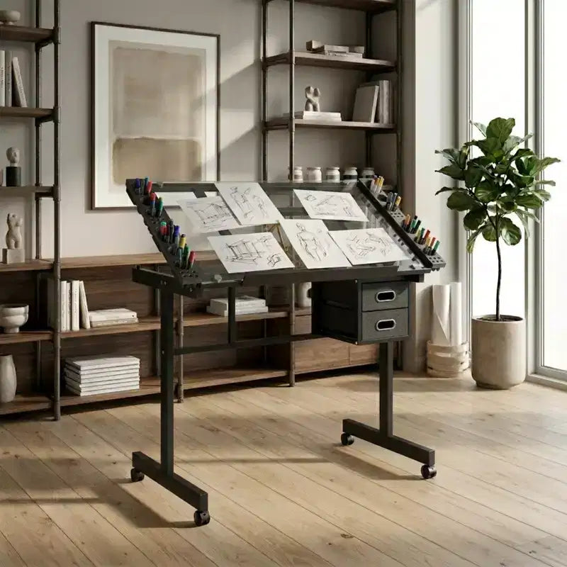 GDFStudio Magdalena Modern Metal Adjustable Drafting Desk with Tempered Glass, 2 Fabric Drawers and 4 Wheels