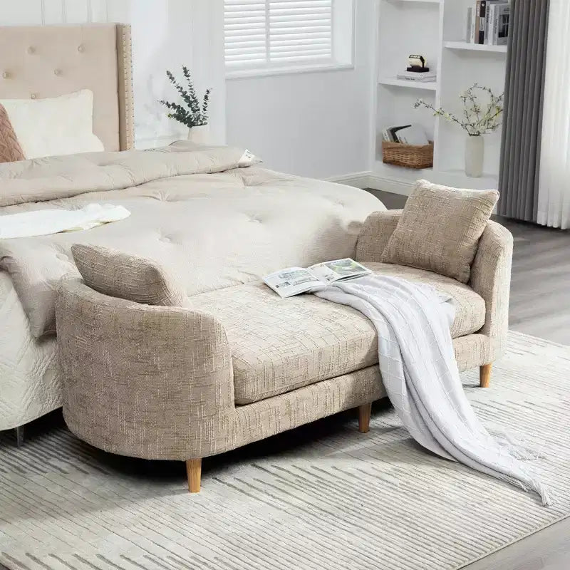 Banc rembourré, banc de bout de lit rembourré en chenille, banquette longue, banc d'entrée minimaliste, pouf avec coussin moelleux et oreiller