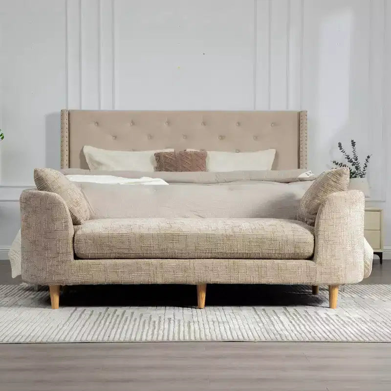Banc rembourré, banc de bout de lit rembourré en chenille, banquette longue, banc d'entrée minimaliste, pouf avec coussin moelleux et oreiller