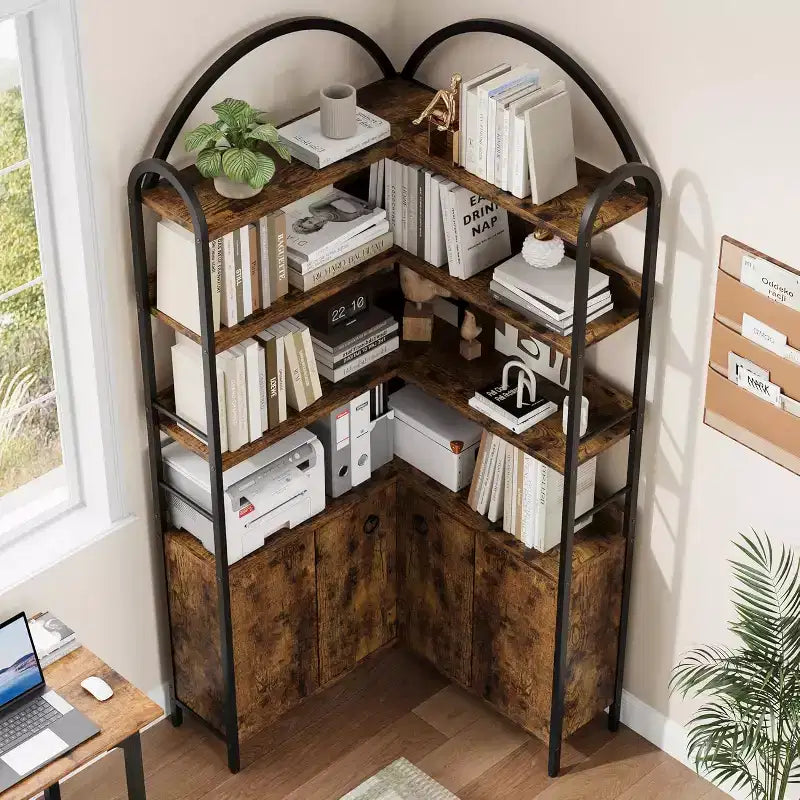 Étagère d'angle à 6 niveaux 188 cm (74 po) Bibliothèque en L avec portes de rangement pour salon et bureau à domicile