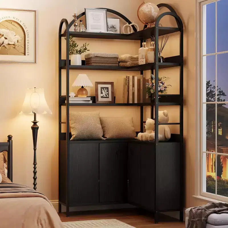 6-Tier Corner Bookshelf 74H L-Shaped Bookcase with Cabinet Doors Storage for Living Room Home Office