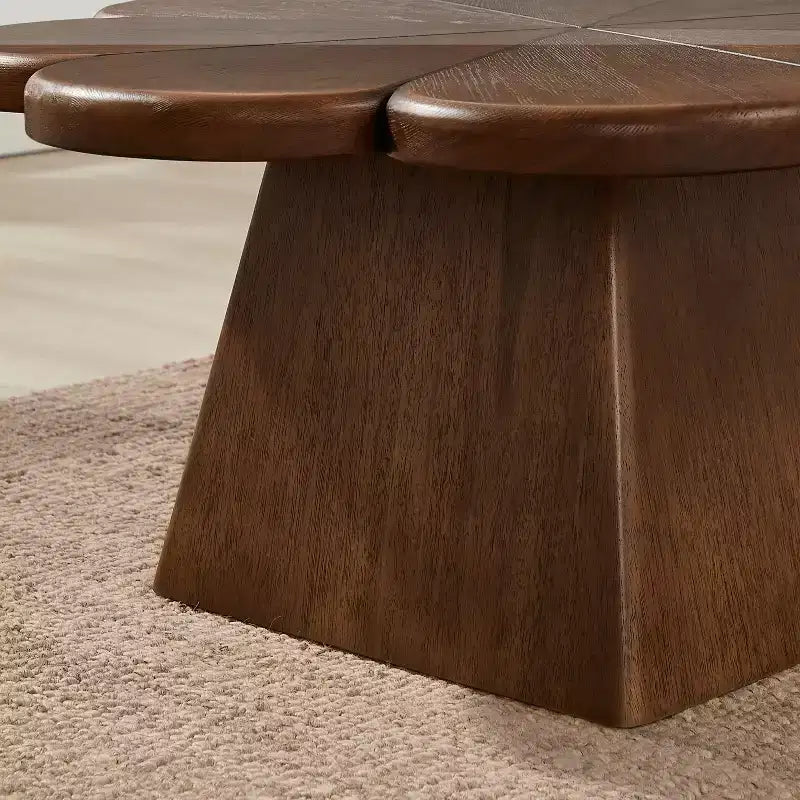 Table basse moderne, table centrale circulaire en forme de pétale avec base en bois d'hévéa pour salon