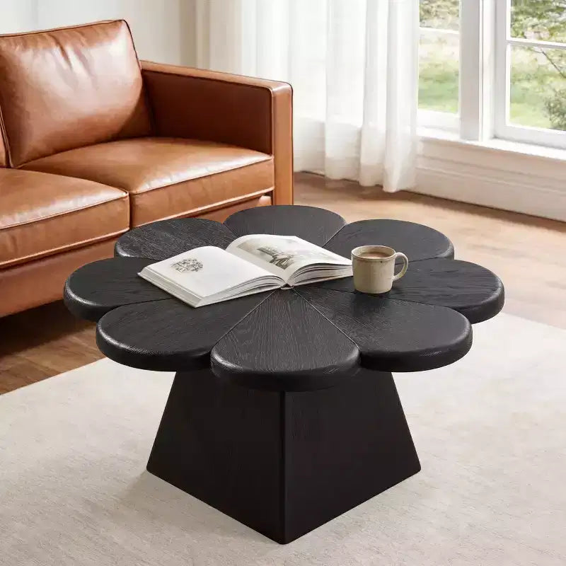 Table basse moderne, table centrale circulaire en forme de pétale avec base en bois d'hévéa pour salon