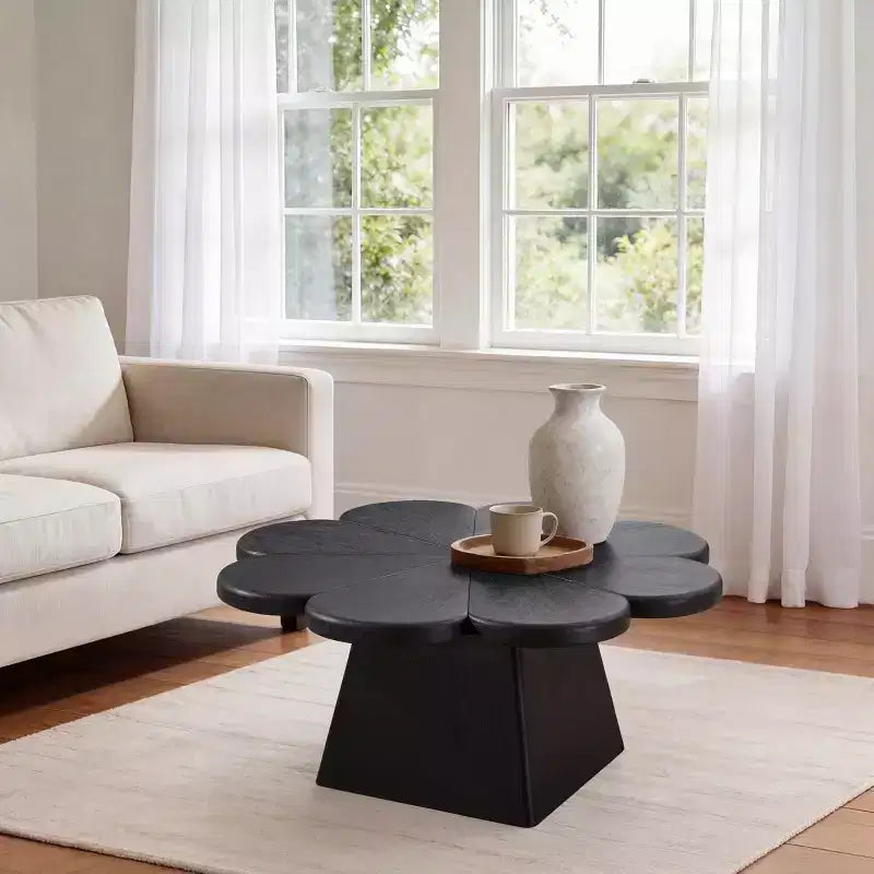 Table basse moderne, table centrale circulaire en forme de pétale avec base en bois d'hévéa pour salon