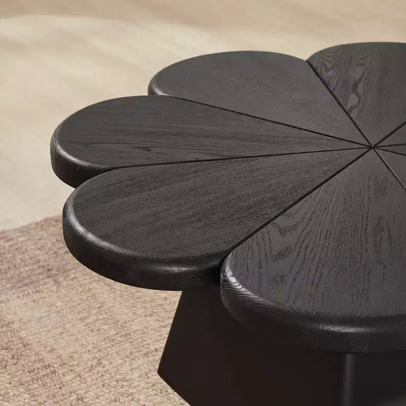 Table basse moderne, table centrale circulaire en forme de pétale avec base en bois d'hévéa pour salon