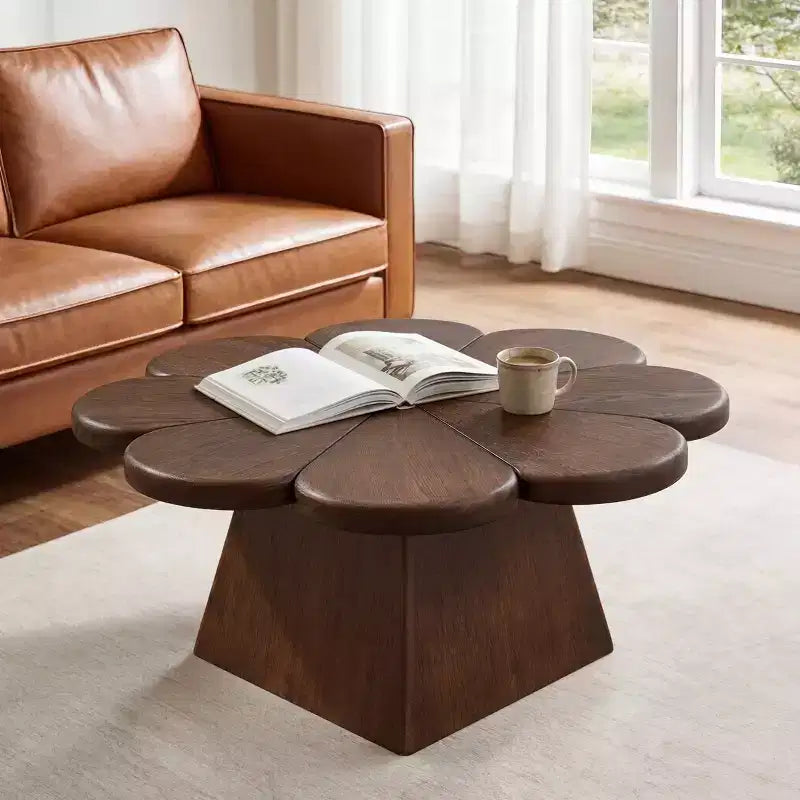 Table basse moderne, table centrale circulaire en forme de pétale avec base en bois d'hévéa pour salon