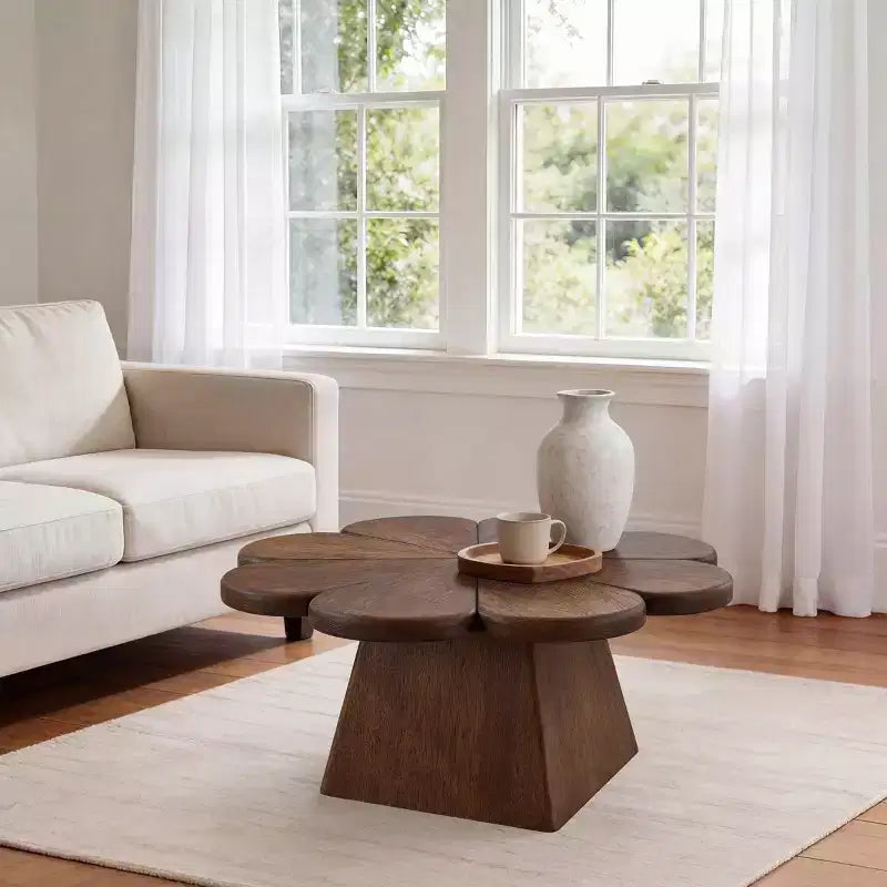 Table basse moderne, table centrale circulaire en forme de pétale avec base en bois d'hévéa pour salon