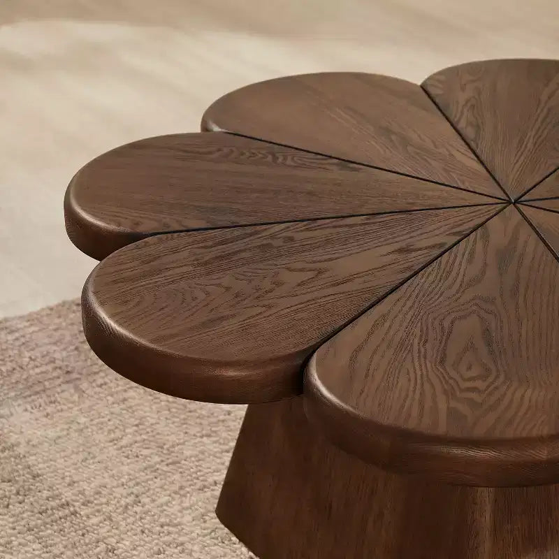 Table basse moderne, table centrale circulaire en forme de pétale avec base en bois d'hévéa pour salon