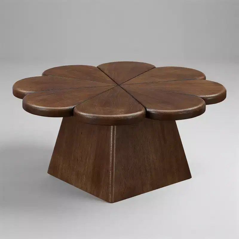 Table basse moderne, table centrale circulaire en forme de pétale avec base en bois d'hévéa pour salon