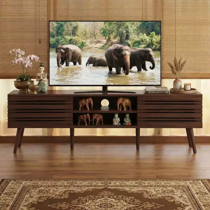 JVNOXK Mid Century Modern Fluted Wood TV Stand for 70 TVs with Storage & Cable Management
