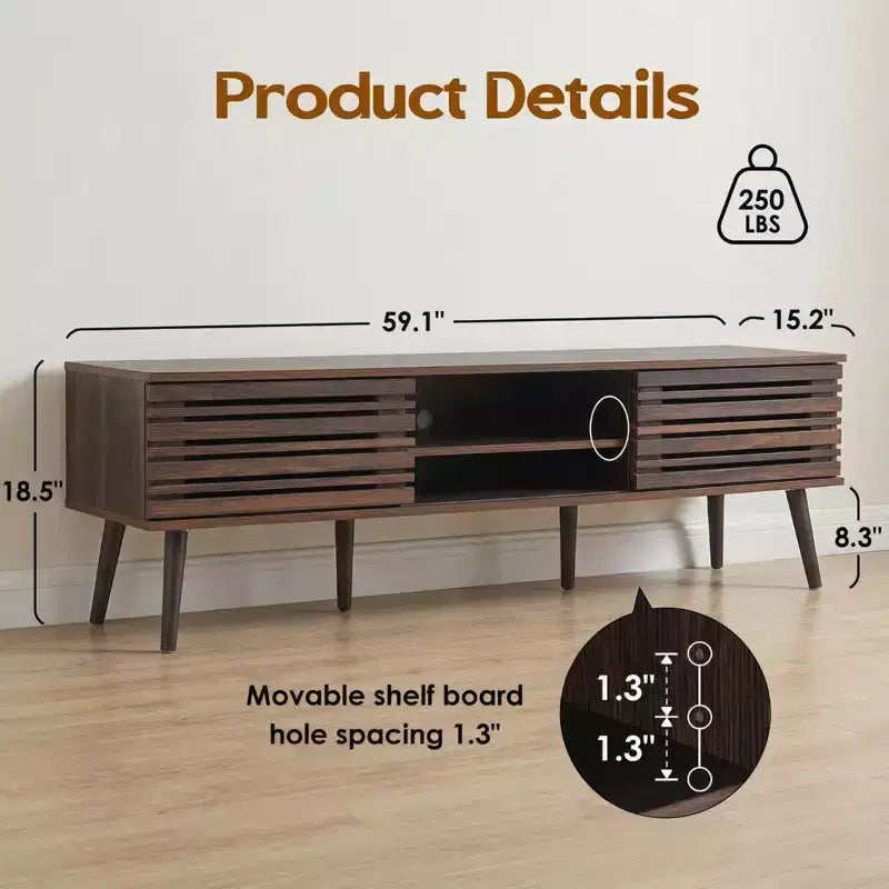 Meuble TV en bois cannelé Mid-Century Modern pour téléviseurs de 70 pouces avec rangement et gestion des câbles