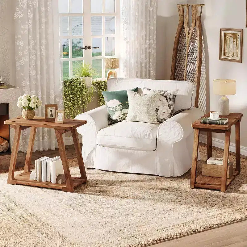 Lantine 2-Tier Solid Wood End Table, Rectangle Farmhouse Narrow Side Table with Trapezoidal Base for Living Room, Easy Assembly