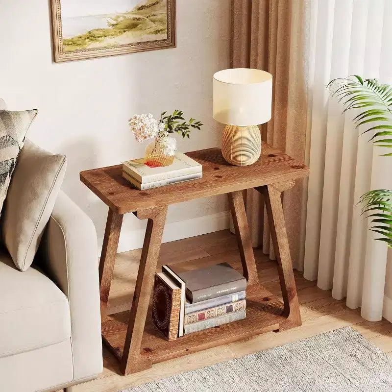 Table d'appoint à 2 niveaux en bois massif, table d'appoint étroite rectangulaire de style ferme avec base trapézoïdale pour salon, montage facile