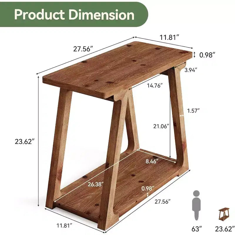 Table d'appoint à 2 niveaux en bois massif, table d'appoint étroite rectangulaire de style ferme avec base trapézoïdale pour salon, montage facile