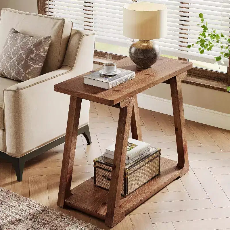 Table d'appoint à 2 niveaux en bois massif, table d'appoint étroite rectangulaire de style ferme avec base trapézoïdale pour salon, montage facile