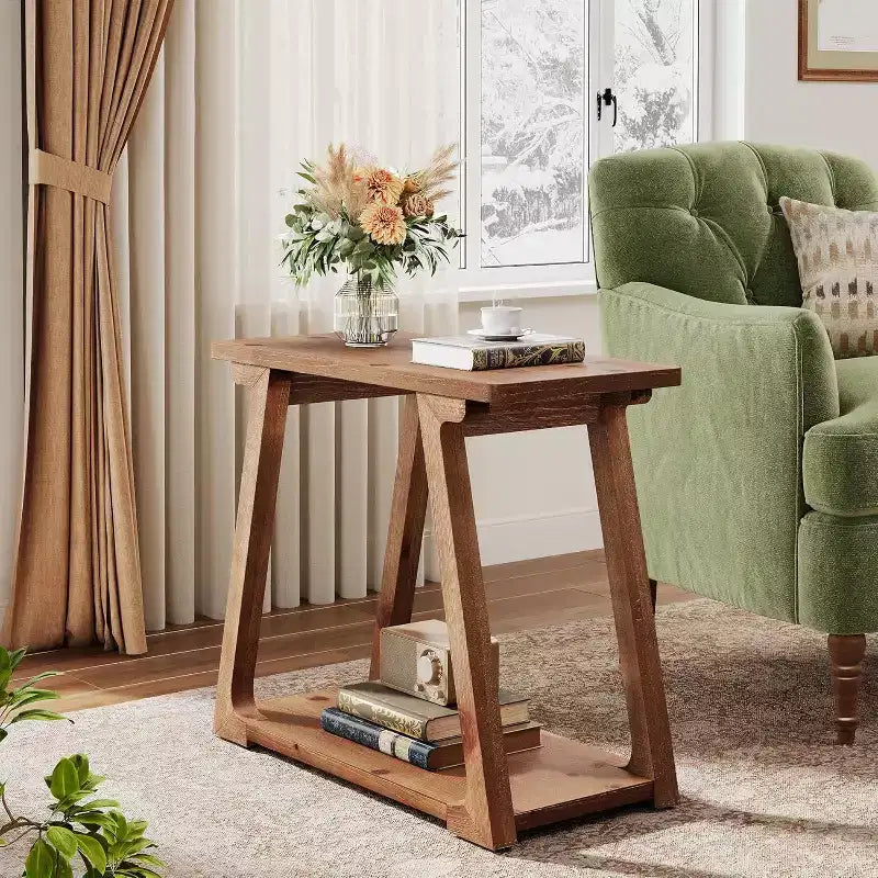 Table d'appoint à 2 niveaux en bois massif, table d'appoint étroite rectangulaire de style ferme avec base trapézoïdale pour salon, montage facile