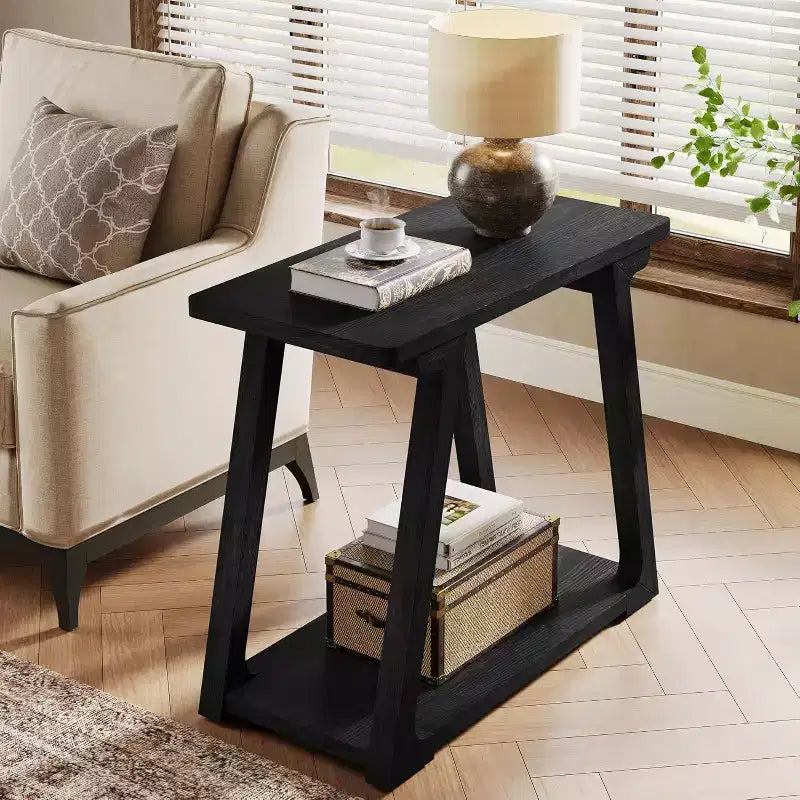 Table d'appoint à 2 niveaux en bois massif, table d'appoint étroite rectangulaire de style ferme avec base trapézoïdale pour salon, montage facile