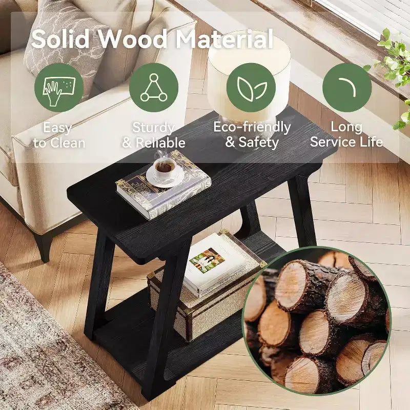 Table d'appoint à 2 niveaux en bois massif, table d'appoint étroite rectangulaire de style ferme avec base trapézoïdale pour salon, montage facile