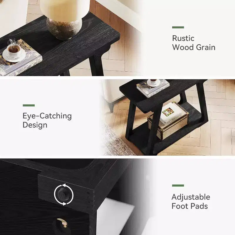 Table d'appoint à 2 niveaux en bois massif, table d'appoint étroite rectangulaire de style ferme avec base trapézoïdale pour salon, montage facile