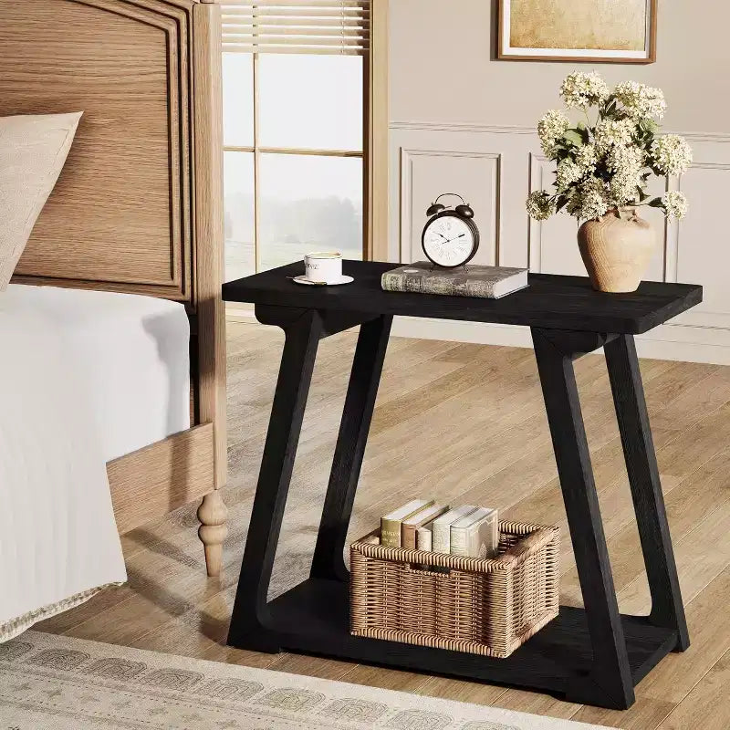 Table d'appoint à 2 niveaux en bois massif, table d'appoint étroite rectangulaire de style ferme avec base trapézoïdale pour salon, montage facile