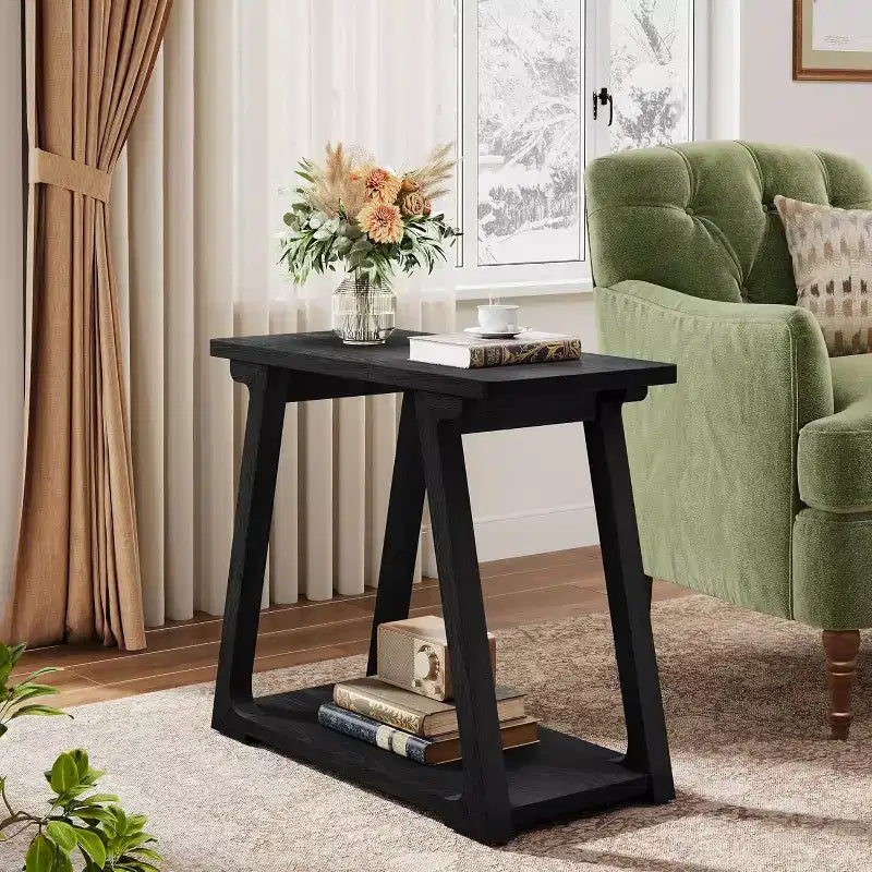 Table d'appoint à 2 niveaux en bois massif, table d'appoint étroite rectangulaire de style ferme avec base trapézoïdale pour salon, montage facile