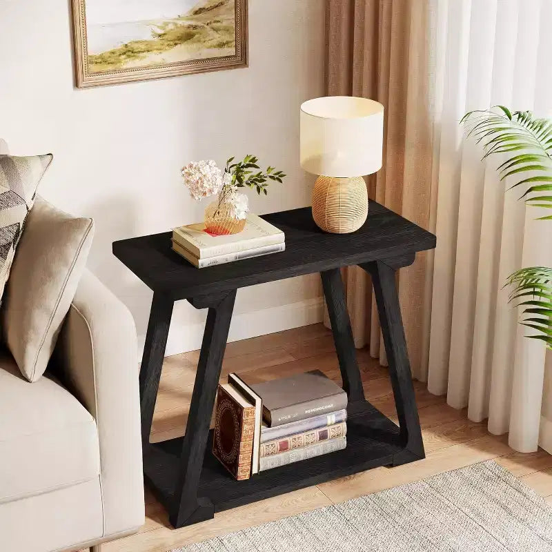 Table d'appoint à 2 niveaux en bois massif, table d'appoint étroite rectangulaire de style ferme avec base trapézoïdale pour salon, montage facile