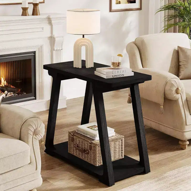 Table d'appoint à 2 niveaux en bois massif, table d'appoint étroite rectangulaire de style ferme avec base trapézoïdale pour salon, montage facile