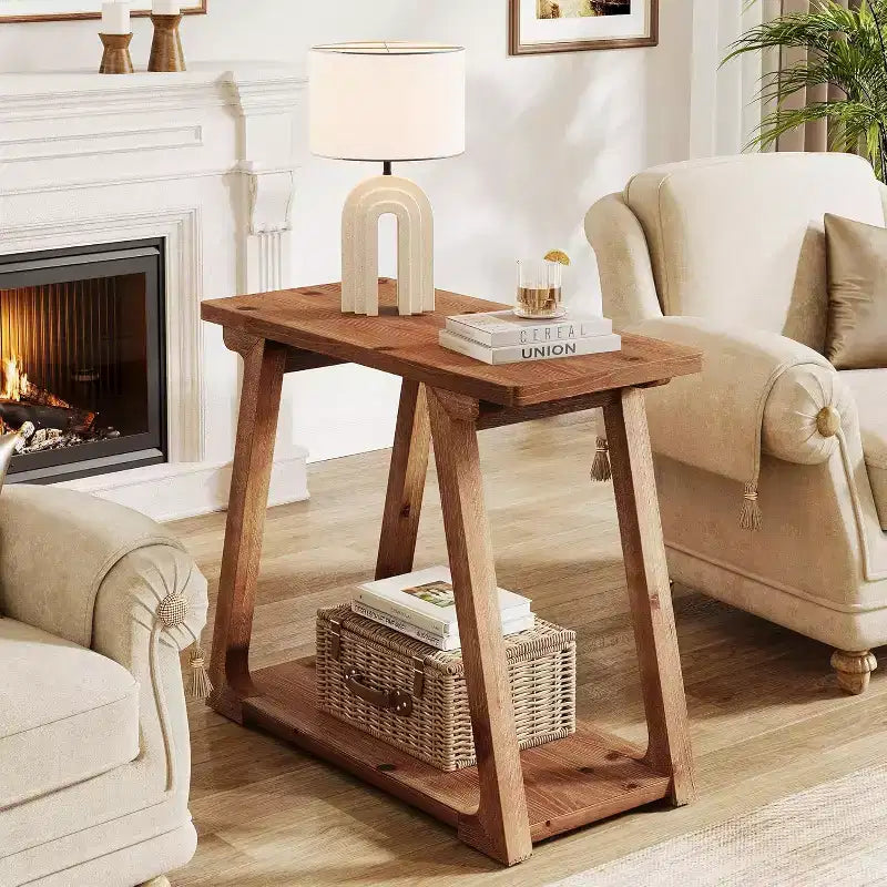 Table d'appoint à 2 niveaux en bois massif, table d'appoint étroite rectangulaire de style ferme avec base trapézoïdale pour salon, montage facile