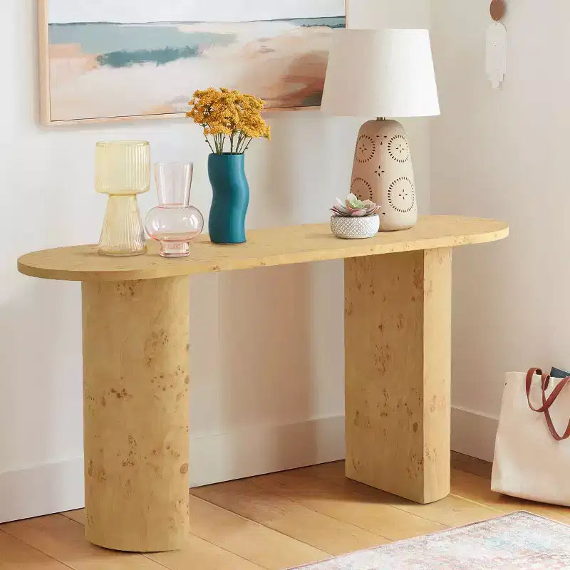 Modern 60 Oval Entryway Console Table with Burlwood Wood Grain and Semi-Circle Legs, Sofa Table for Foyer, Hallway or Living Room-Panipeachy