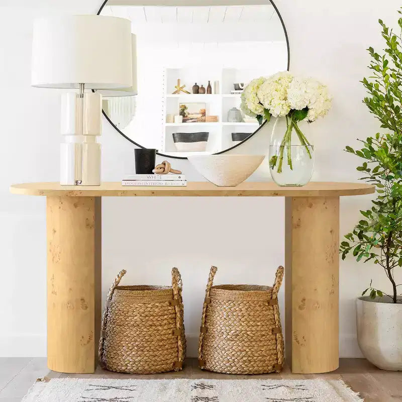 Console d'entrée ovale moderne de 60 pouces avec grain de bois de loupe et pieds demi-cercle, table de canapé pour foyer, couloir ou salon