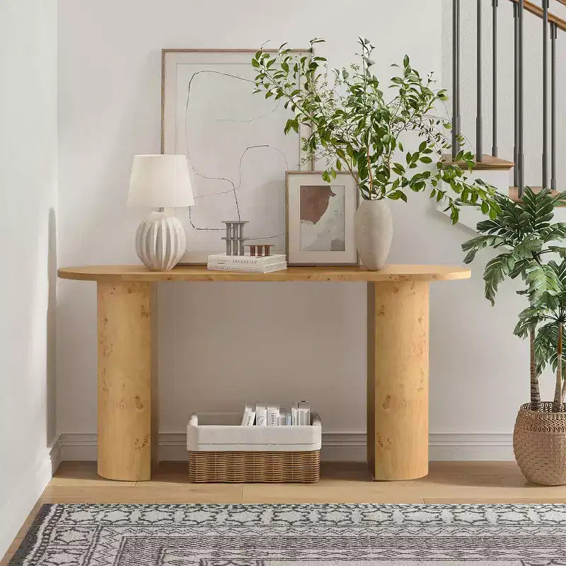 Console d'entrée ovale moderne de 60 pouces avec grain de bois de loupe et pieds demi-cercle, table de canapé pour foyer, couloir ou salon