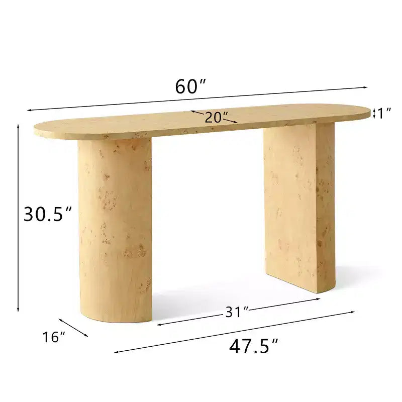 Console d'entrée ovale moderne de 60 pouces avec grain de bois de loupe et pieds demi-cercle, table de canapé pour foyer, couloir ou salon