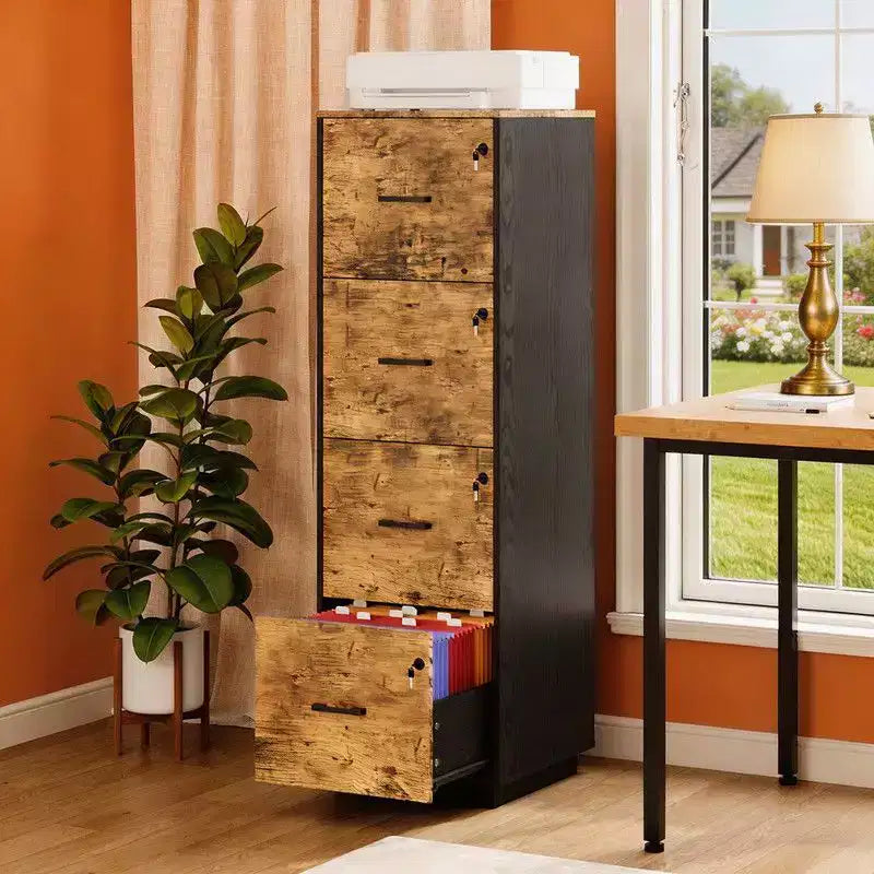 Karl Home15 Inch Embossed 4 Drawer Wooden Filing Cabinet