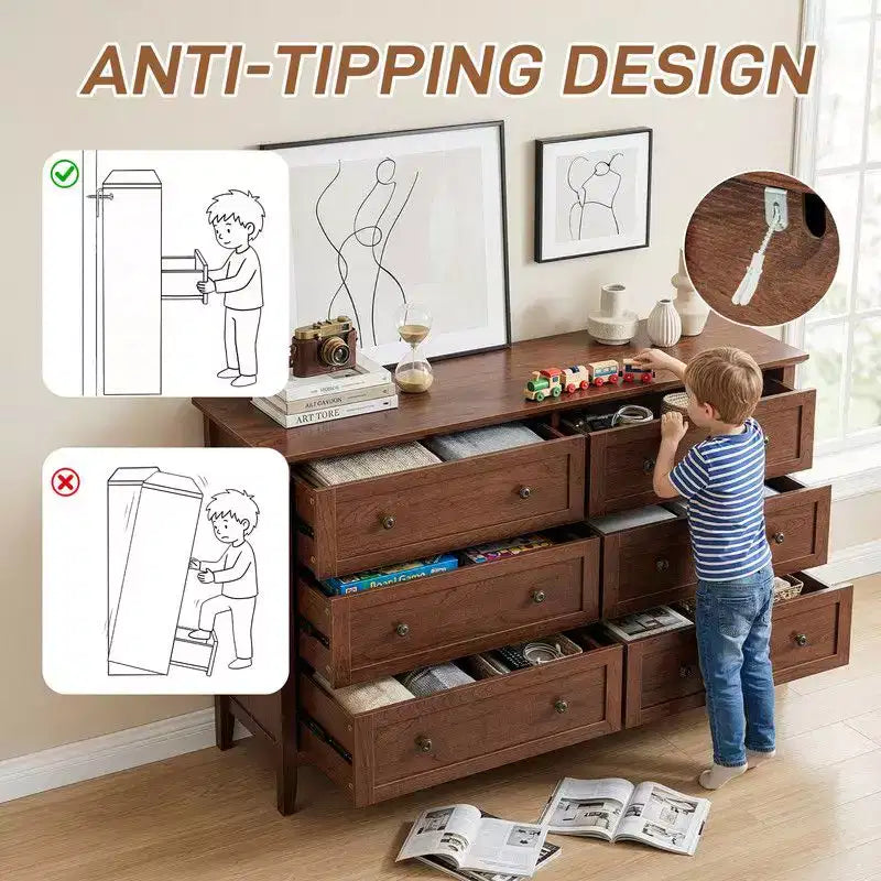 Meuble à six tiroirs de 47 pouces avec poignées doubles, design de cadre et finition mélaminée