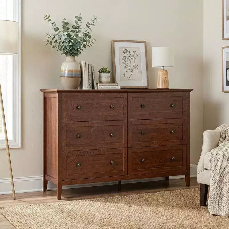 Meuble à six tiroirs de 47 pouces avec poignées doubles, design de cadre et finition mélaminée
