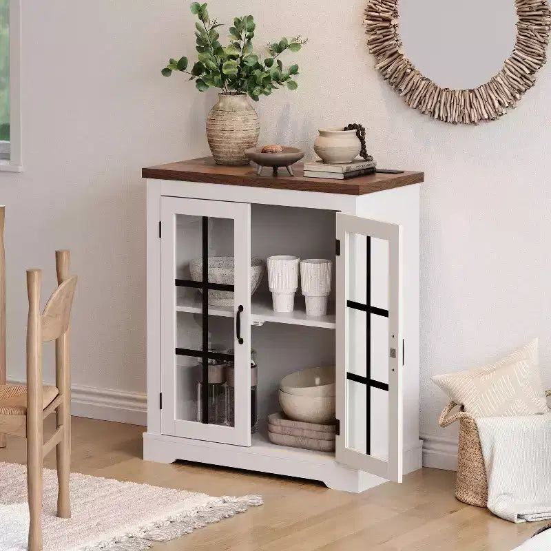 Buffet moderne multifonctionnel avec portes en verre à motifs croisés, prise de courant intégrée, pour salon ou salle à manger