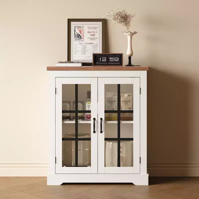 Buffet moderne multifonctionnel avec portes en verre à motifs croisés, prise de courant intégrée, pour salon ou salle à manger