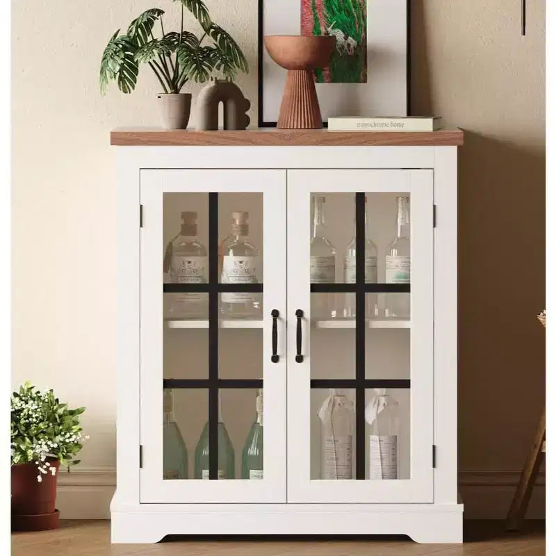 Buffet moderne multifonctionnel avec portes en verre à motifs croisés, prise de courant intégrée, pour salon ou salle à manger