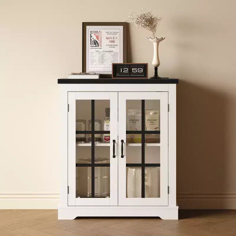 Buffet moderne multifonctionnel avec portes en verre à motifs croisés, prise de courant intégrée, pour salon ou salle à manger