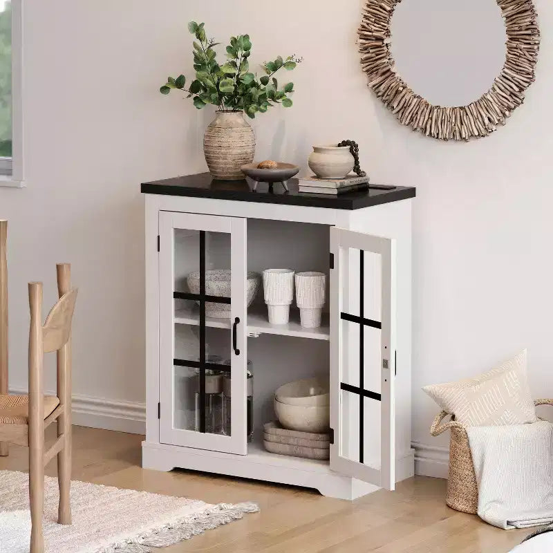 Buffet moderne multifonctionnel avec portes en verre à motifs croisés, prise de courant intégrée, pour salon ou salle à manger