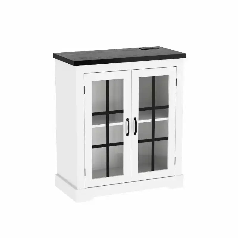 Buffet moderne multifonctionnel avec portes en verre à motifs croisés, prise de courant intégrée, pour salon ou salle à manger