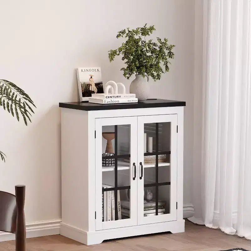 Modern Multifunctional Sideboard with Cross Design Glass Door Built-in Power Outlet Storage Buffet Cabinet for Living Dining Room
