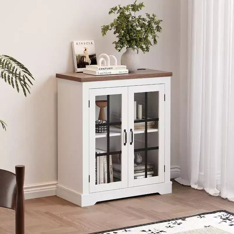 Buffet moderne multifonctionnel avec portes en verre à motifs croisés, prise de courant intégrée, pour salon ou salle à manger